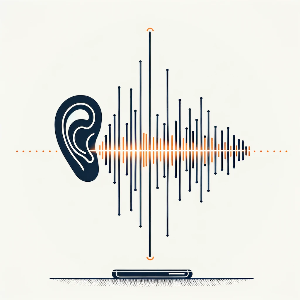 sound wave image transitioning into the shape of a person's ear on one end and a smartphone on the other end