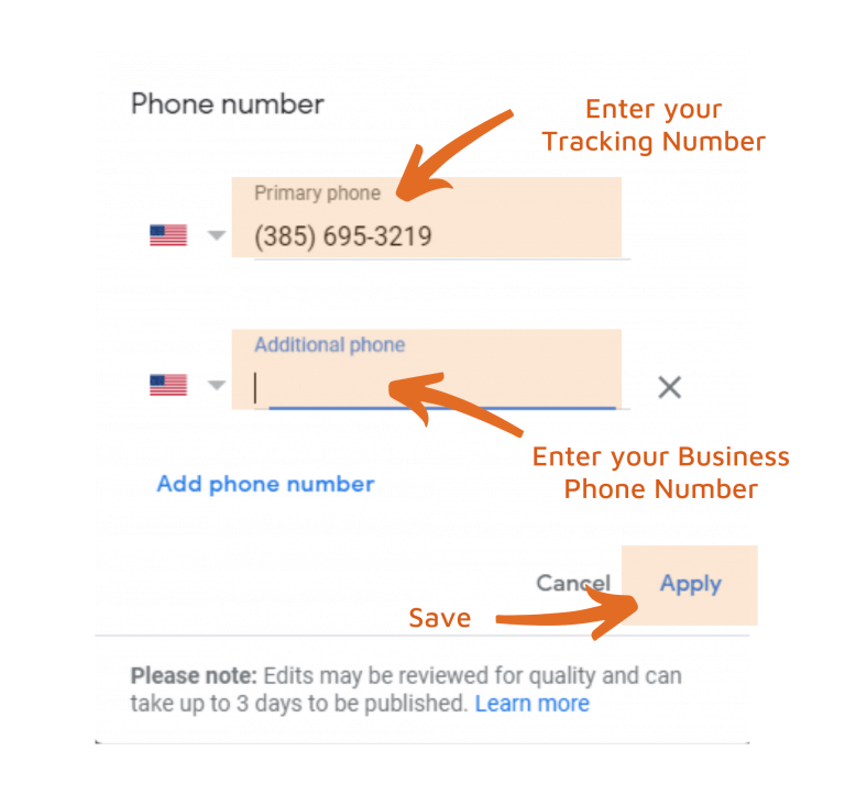 entering main phone number in the additional phone field field on Google my Business